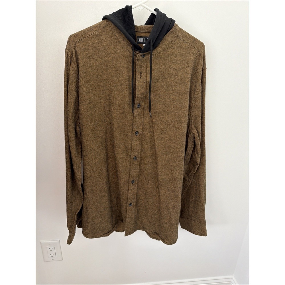 Caliville Hooded Button-Down Shirt Men XL Brown Black Excellent Colorblock